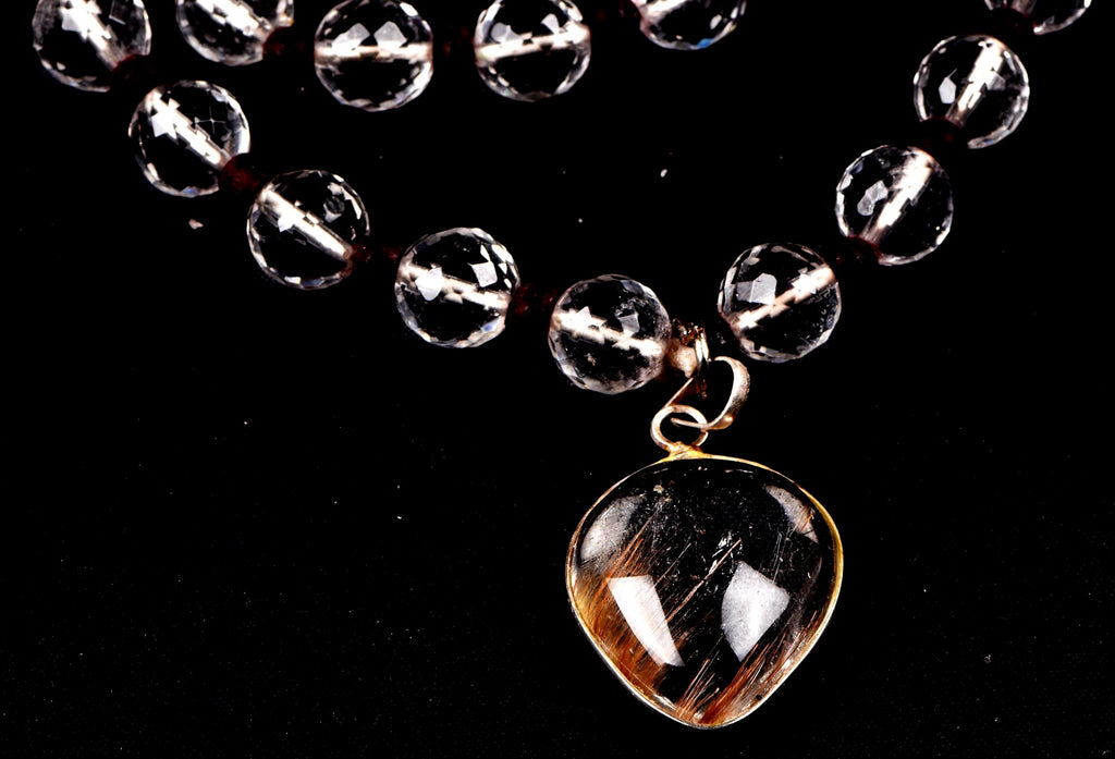 Satyaloka 10 mm faceted Quartz  Mala/ necklace with golden rutile Pendant#8150