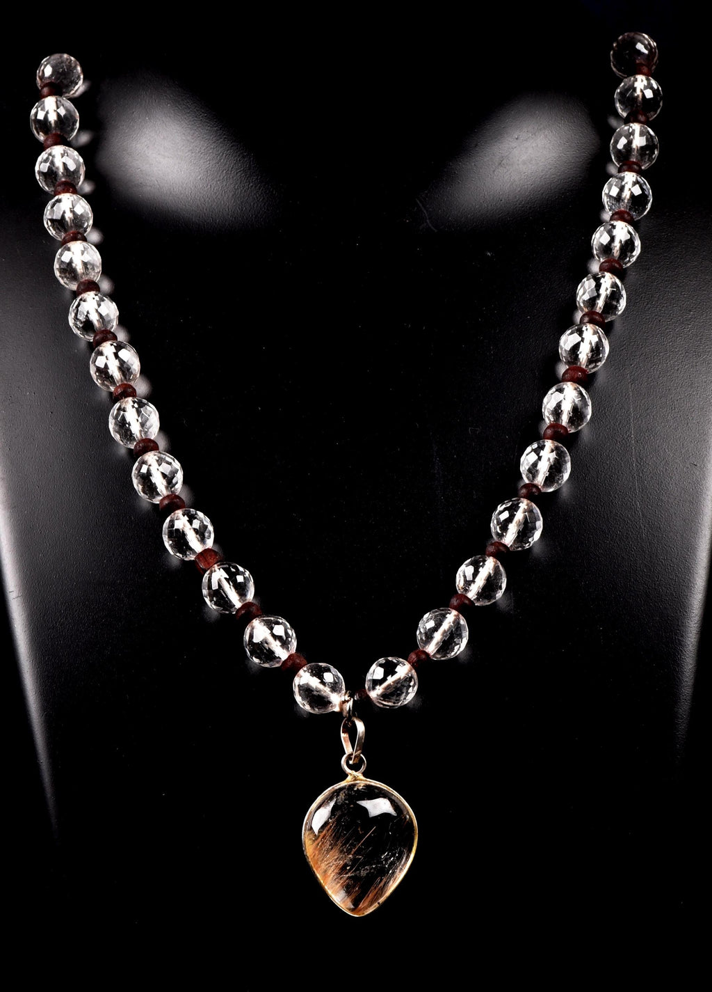 Satyaloka 10 mm faceted Quartz  Mala/ necklace with golden rutile Pendant#8150
