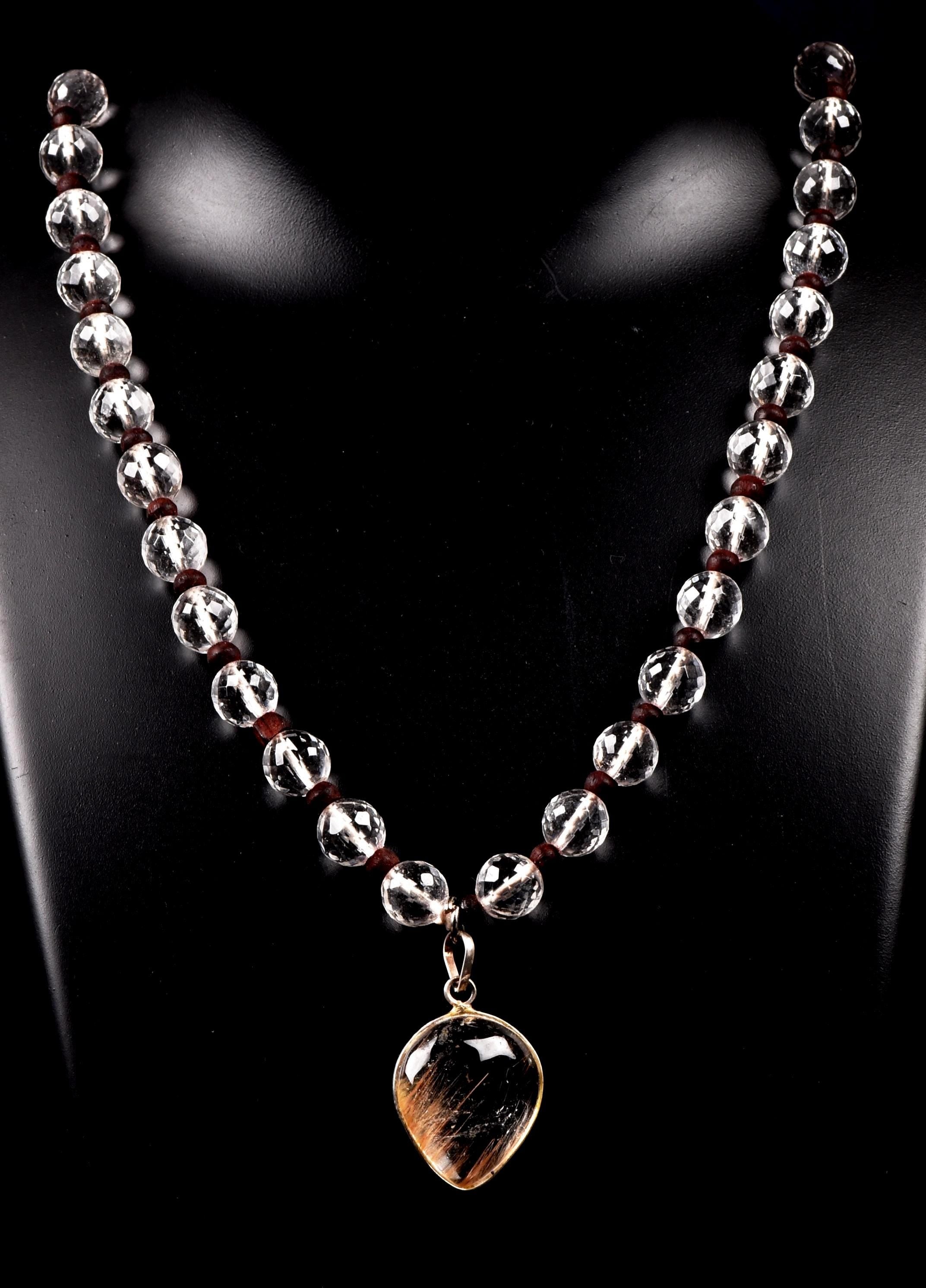 Satyaloka 10 mm faceted Quartz  Mala/ necklace with golden rutile Pendant#8150