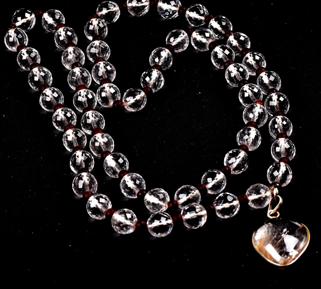 Satyaloka 10 mm faceted Quartz  Mala/ necklace with golden rutile Pendant#8150
