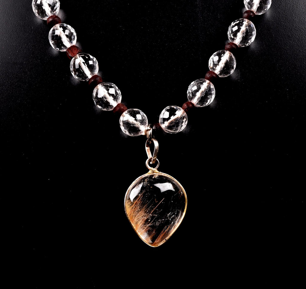 Satyaloka 10 mm faceted Quartz  Mala/ necklace with golden rutile Pendant#8150