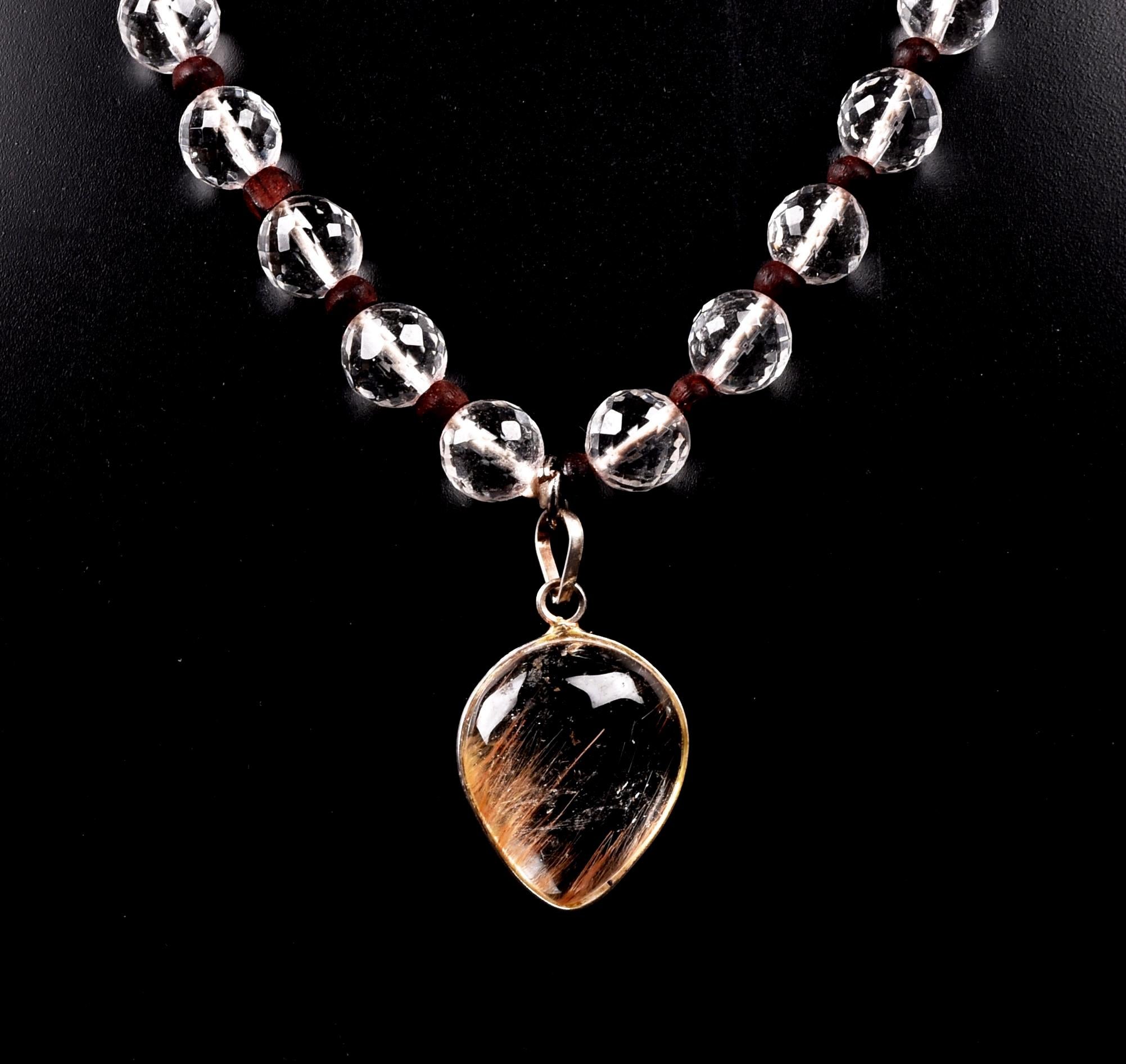 Satyaloka 10 mm faceted Quartz  Mala/ necklace with golden rutile Pendant#8150