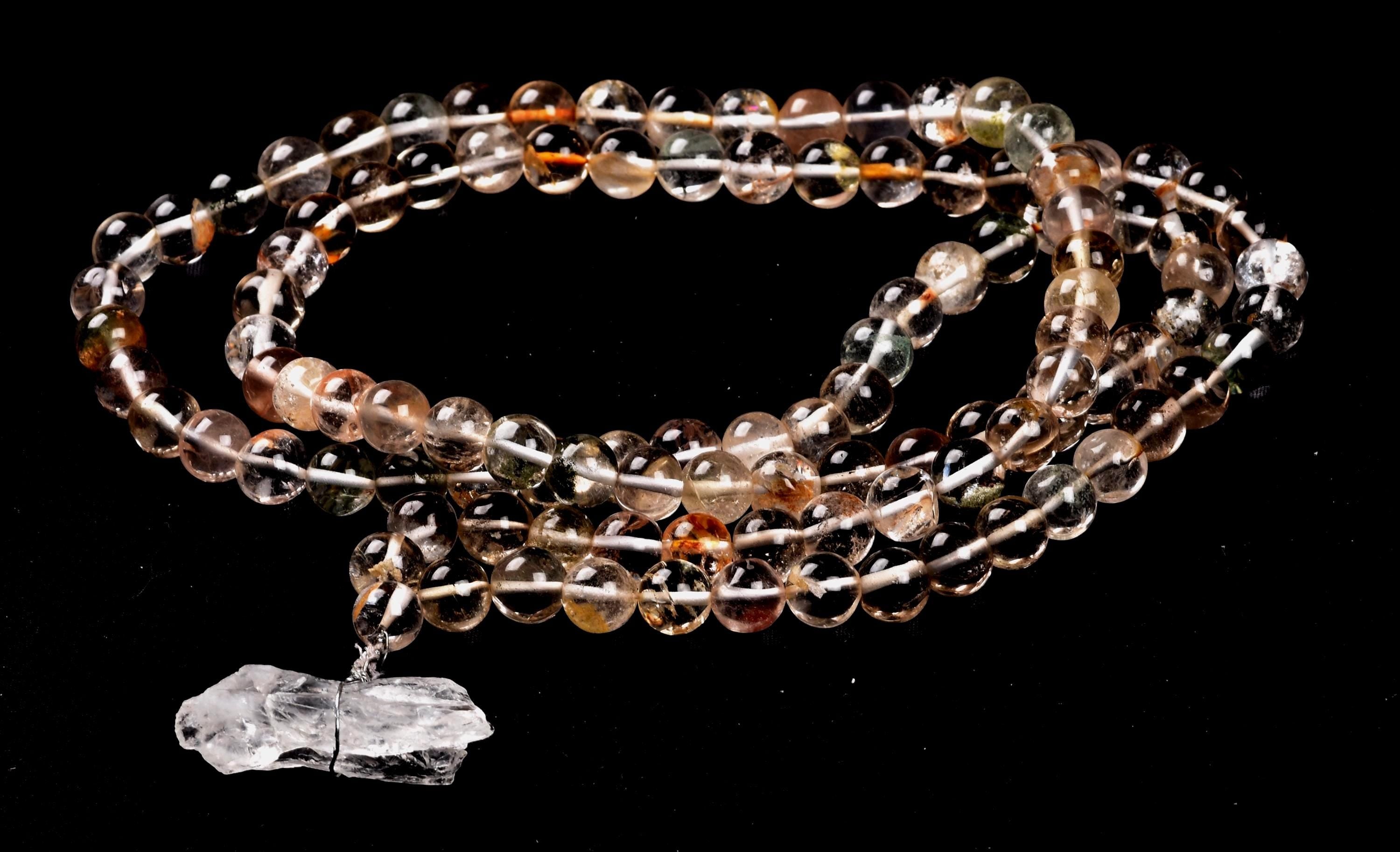 Satyaloka Satyamani ,Himalayan gold ,agnitite,phantom, mix quartz  meditation 108 rosary Necklace with ''satyaloka ''pendant # 8152