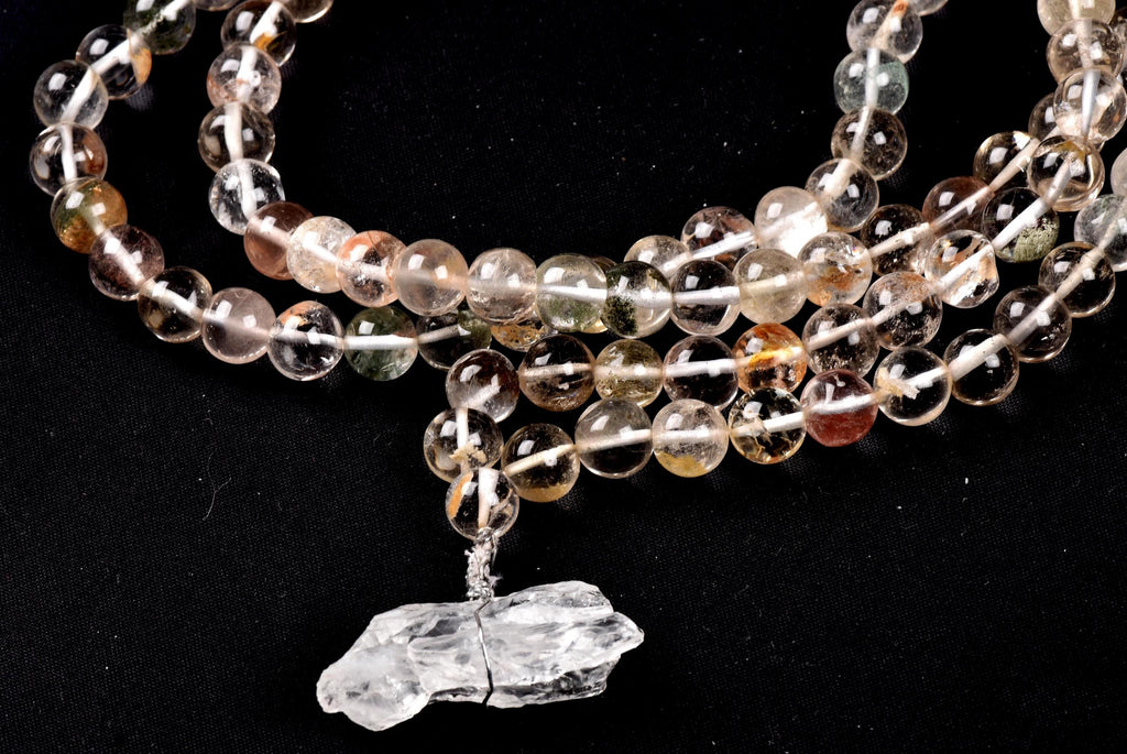 Satyaloka Satyamani ,Himalayan gold ,agnitite,phantom, mix quartz  meditation 108 rosary Necklace with ''satyaloka ''pendant # 8152