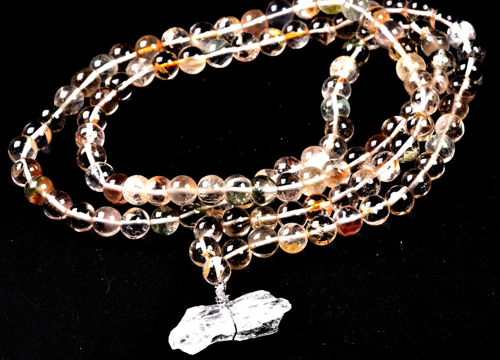 Satyaloka Satyamani ,Himalayan gold ,agnitite,phantom, mix quartz  meditation 108 rosary Necklace with ''satyaloka ''pendant # 8152