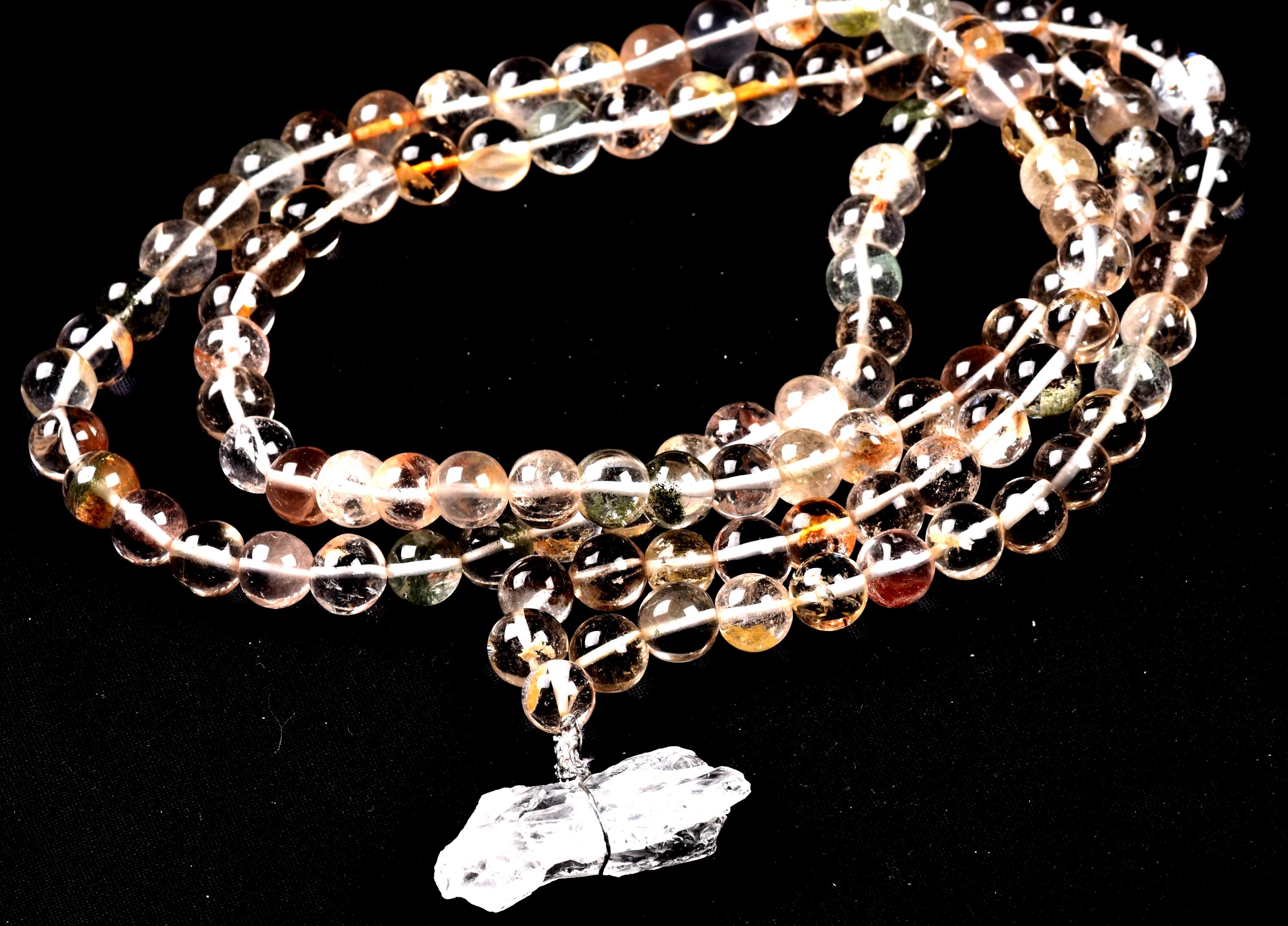 Satyaloka Satyamani ,Himalayan gold ,agnitite,phantom, mix quartz  meditation 108 rosary Necklace with ''satyaloka ''pendant # 8152