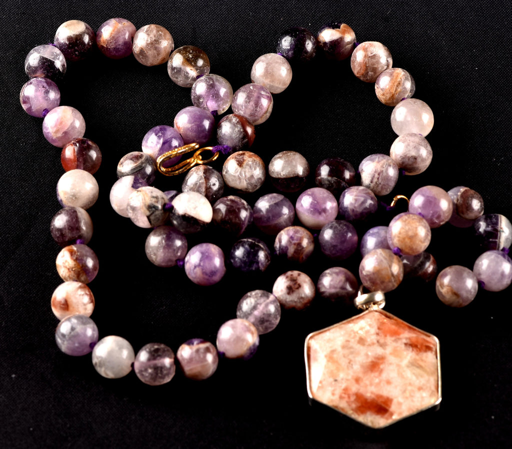 Super Seven Melody Stone Necklace with Sunstone Hexagonal Pendant | Sacred Geometry Jewelry 8293