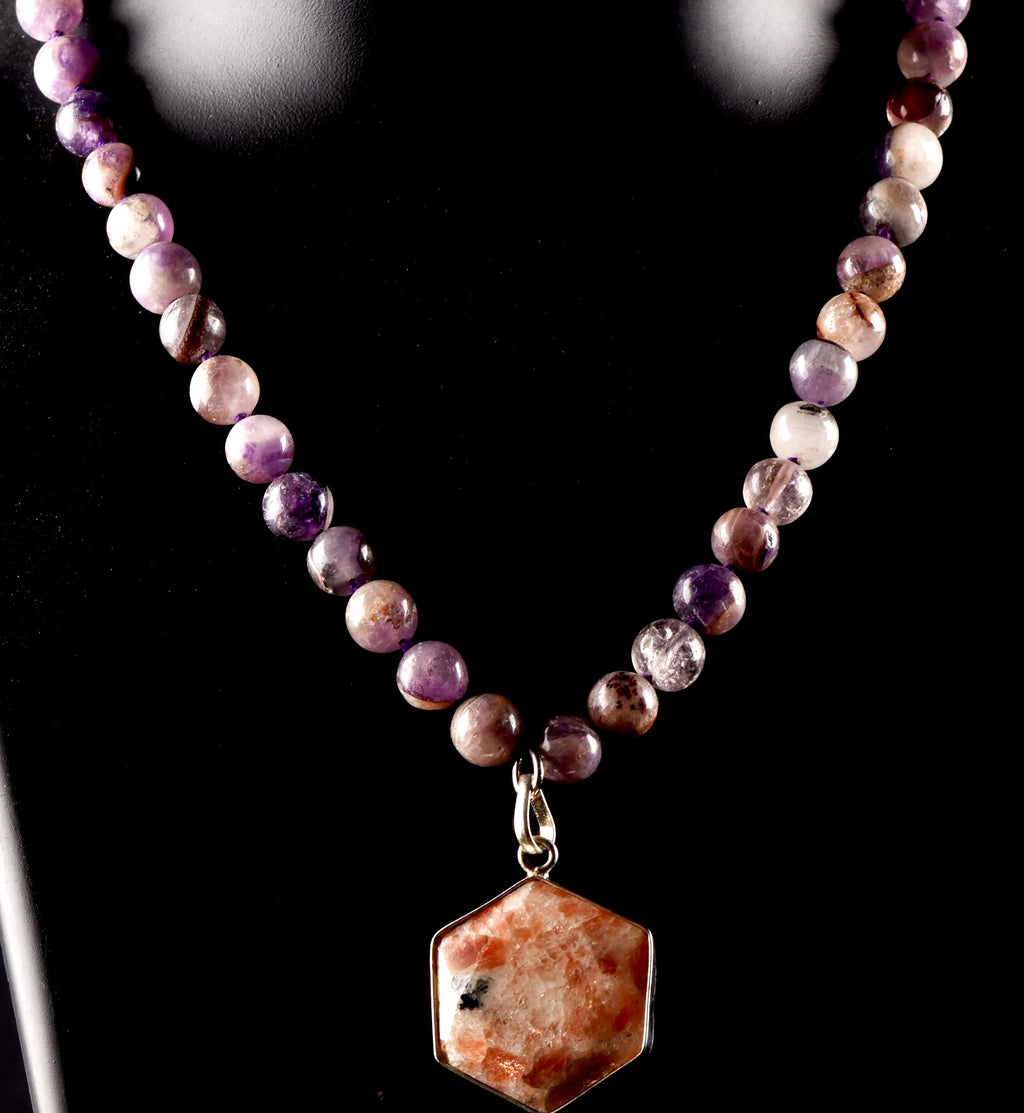 Super Seven Melody Stone Necklace with Sunstone Hexagonal Pendant | Sacred Geometry Jewelry 8293