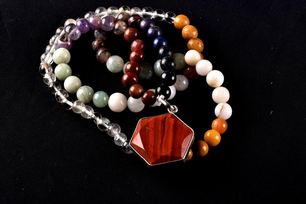 Satyaloka  Amethyst Golden Healer green aventurian  Necklace, Jasper Hexagonal  Pendant 8296