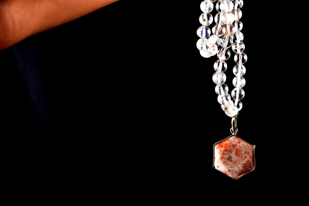 Satyaloka Quartz Necklace with sun stone hexagonal Pendant 8297