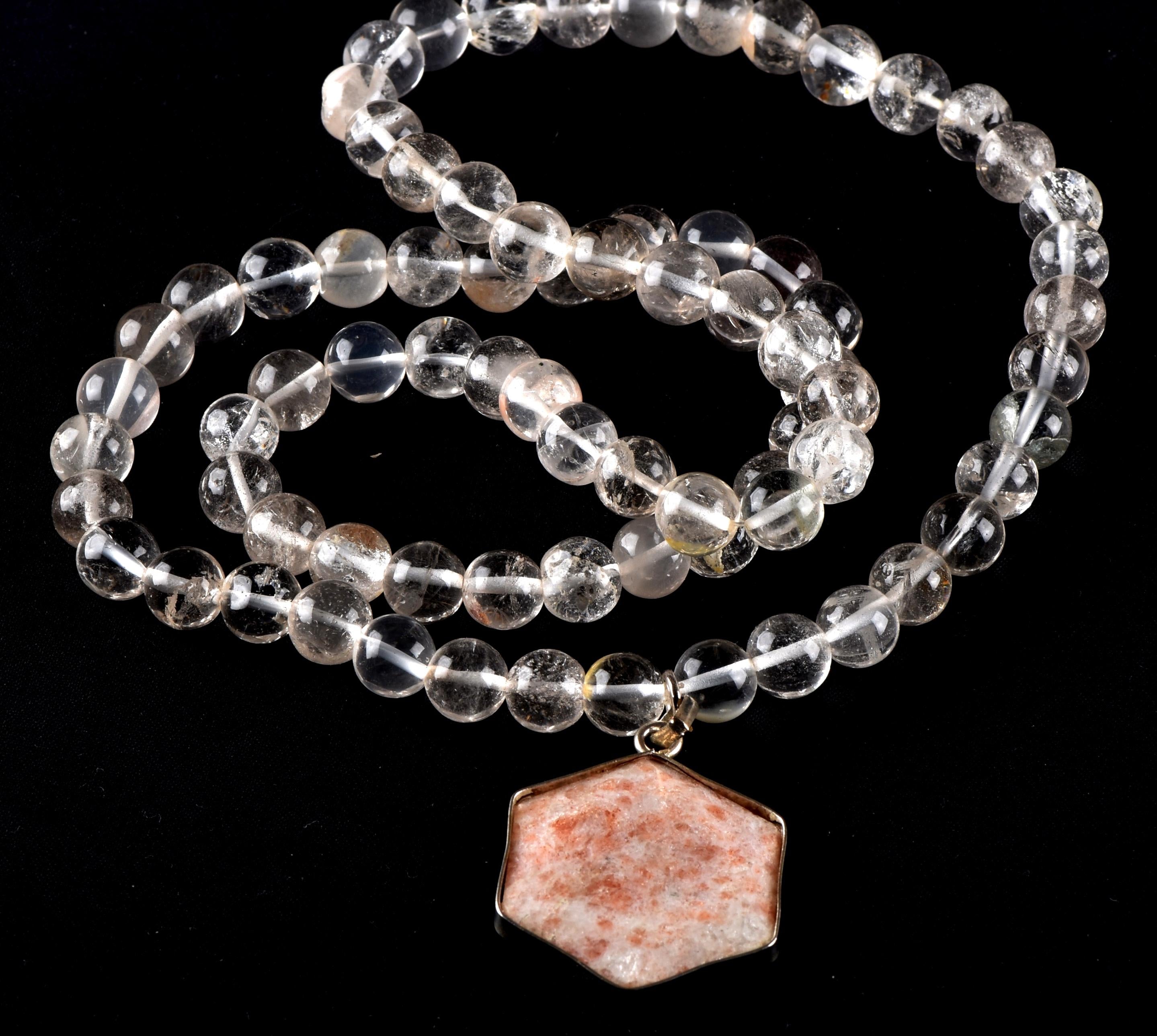 Satyaloka Quartz Necklace with sun stone hexagonal Pendant 8297