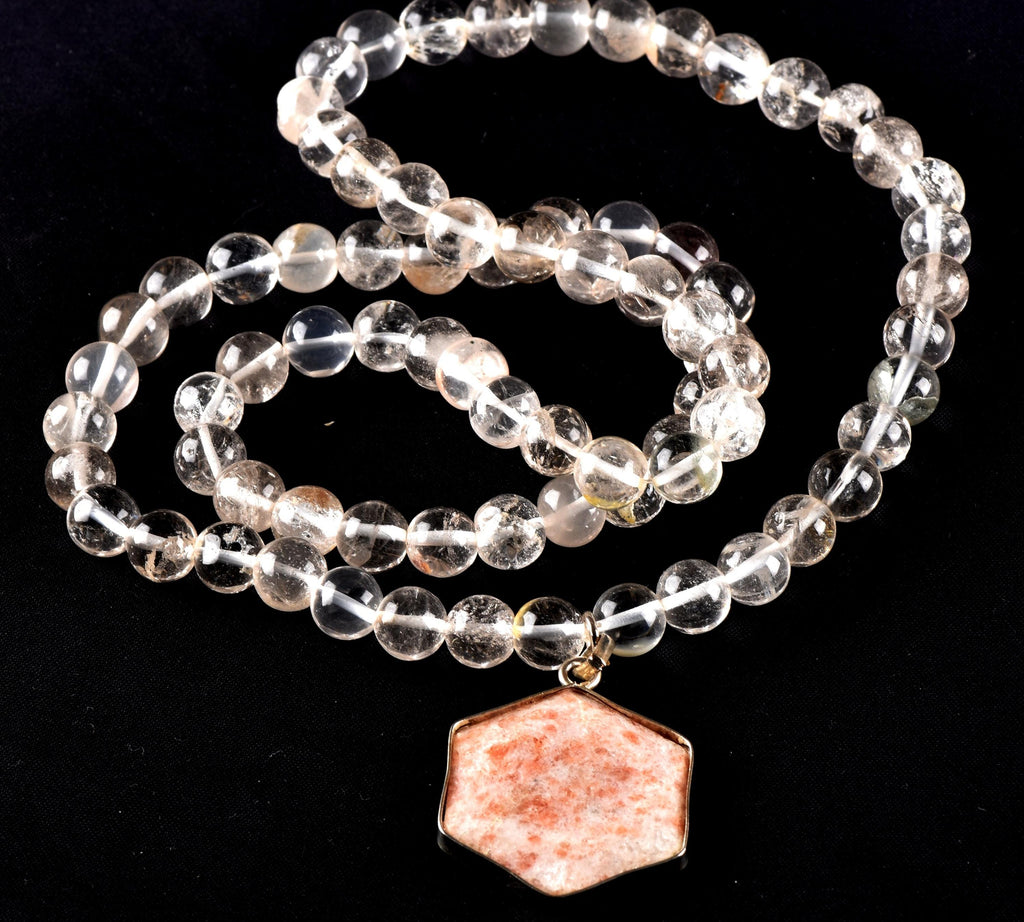 Satyaloka Quartz Necklace with sun stone hexagonal Pendant 8297