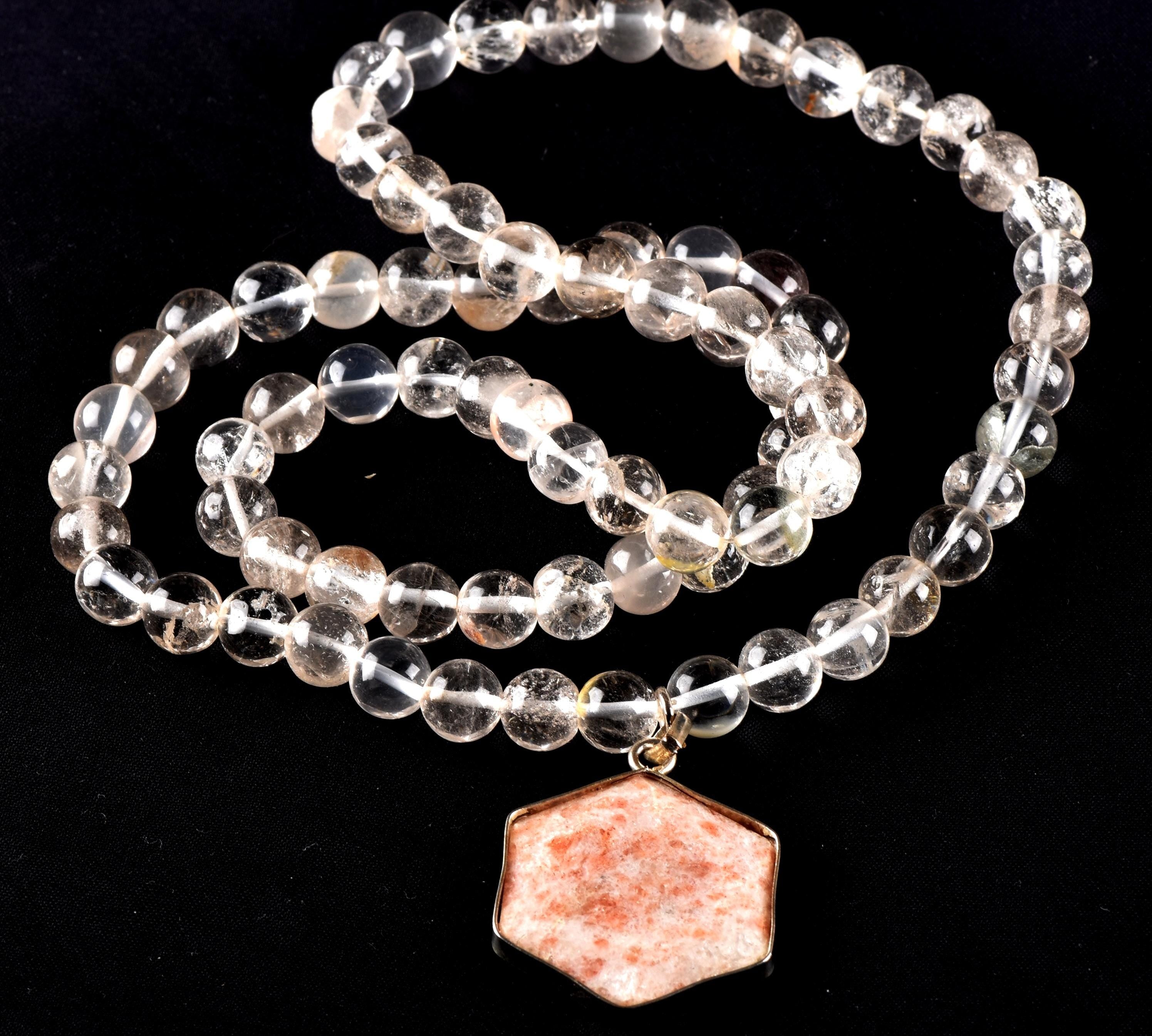Satyaloka Quartz Necklace with sun stone hexagonal Pendant 8297