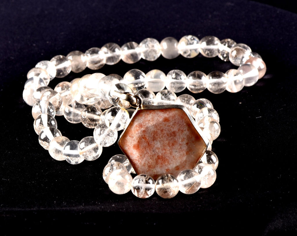 Satyaloka Quartz Necklace with sun stone hexagonal Pendant 8297