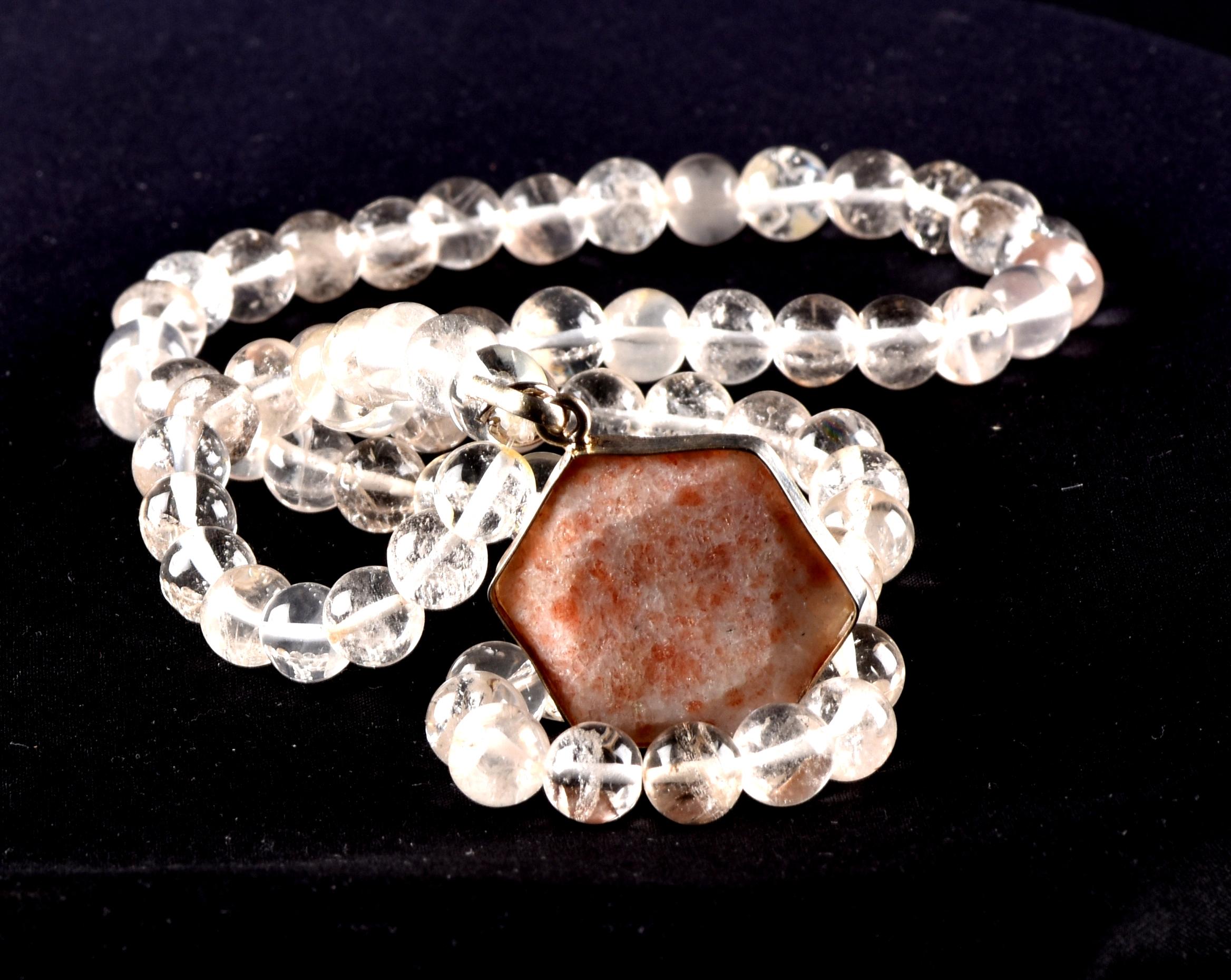 Satyaloka Quartz Necklace with sun stone hexagonal Pendant 8297