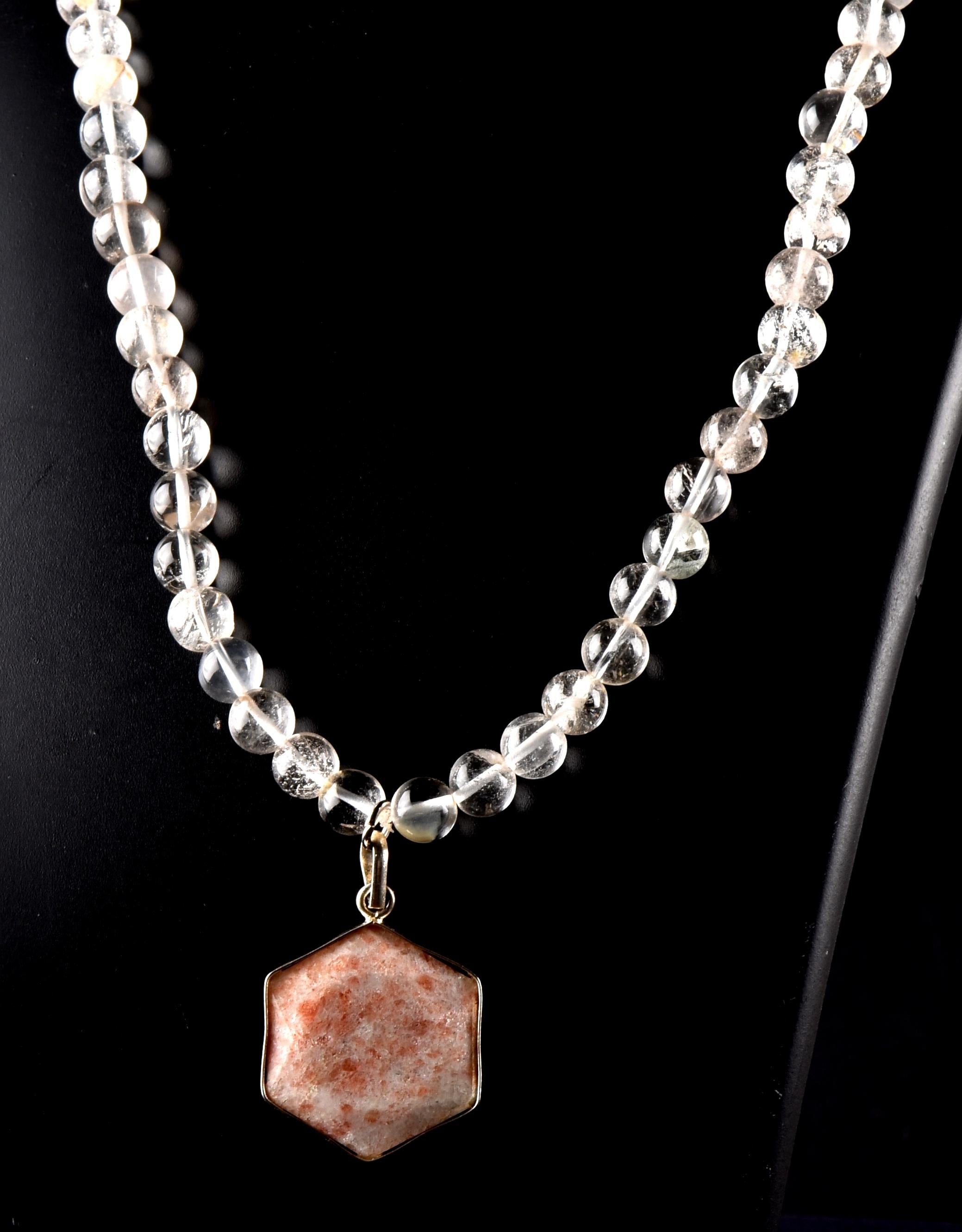 Satyaloka Quartz Necklace with sun stone hexagonal Pendant 8297