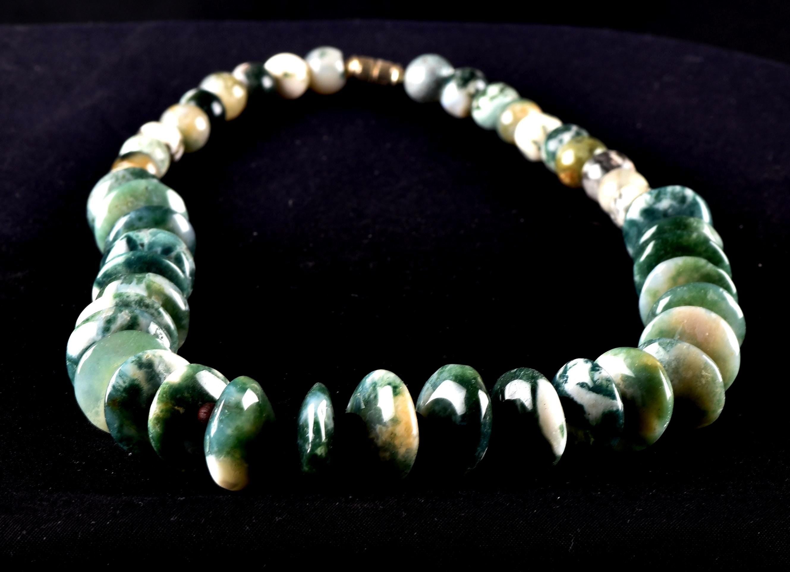 Moss Agate abundance in wealth  communication  new idea self esteem  hand polished  vintage bead necklace 8298