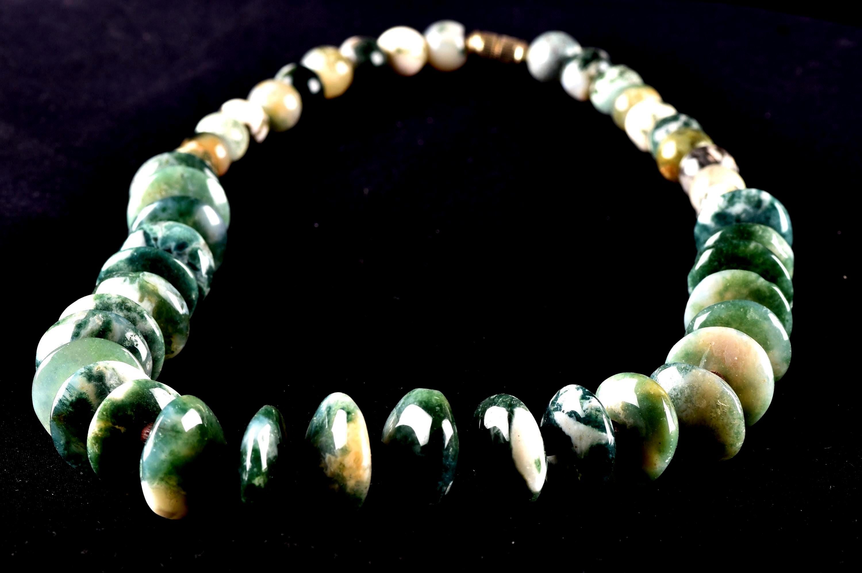 Moss Agate abundance in wealth  communication  new idea self esteem  hand polished  vintage bead necklace 8298