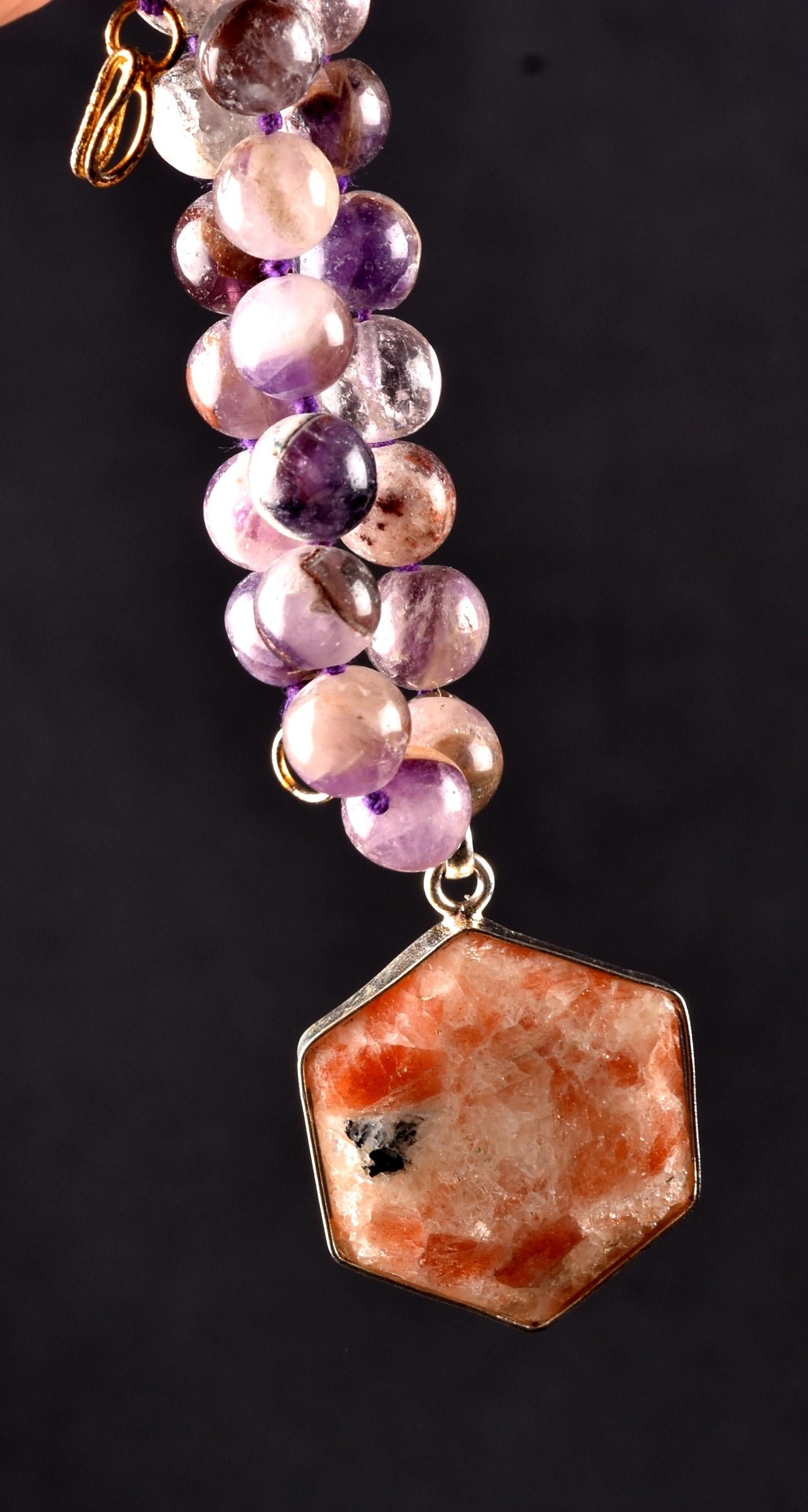 Super Seven Melody Stone Necklace with Sunstone Hexagonal Pendant | Sacred Geometry Jewelry 8293