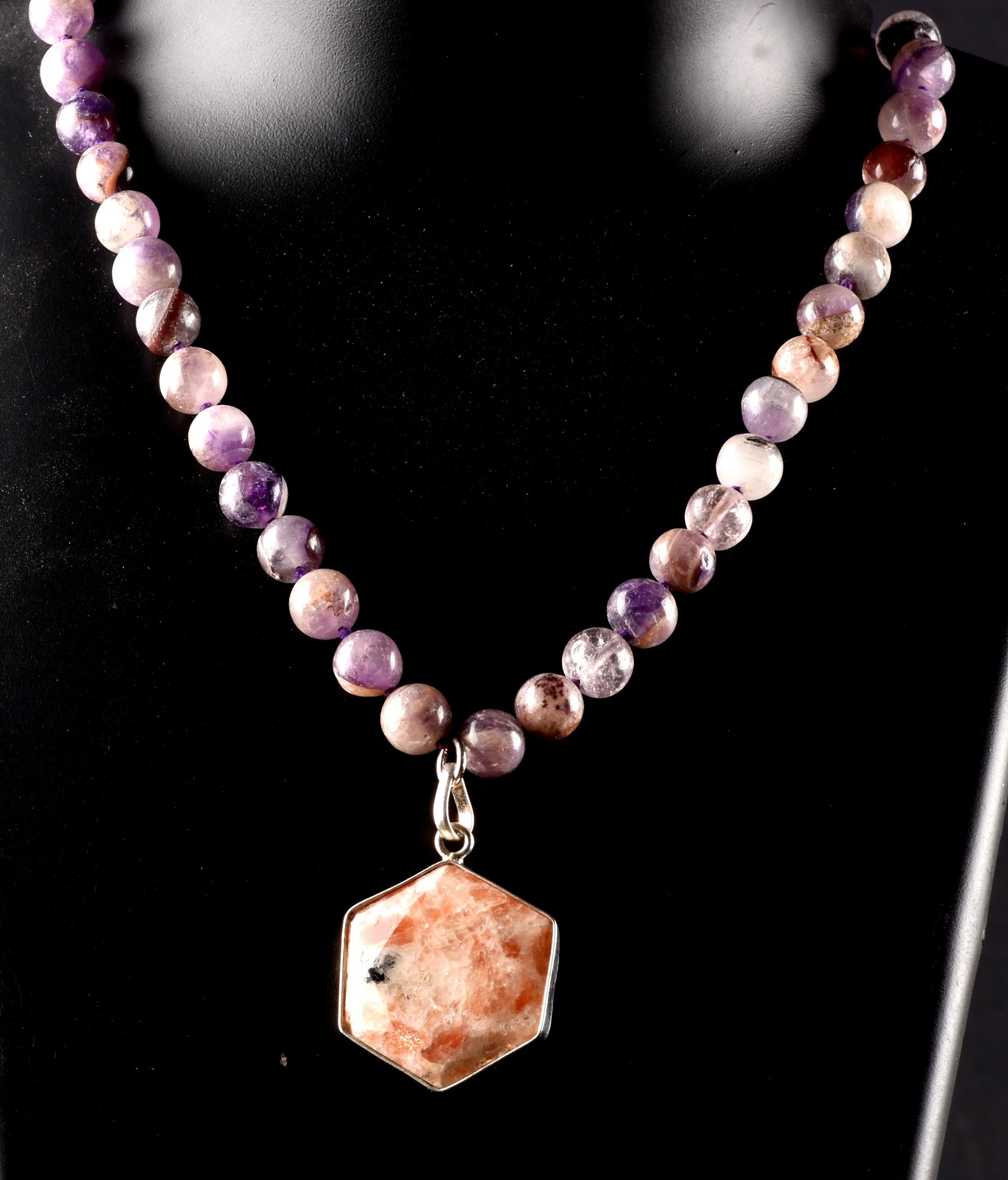 Super Seven Melody Stone Necklace with Sunstone Hexagonal Pendant | Sacred Geometry Jewelry 8293