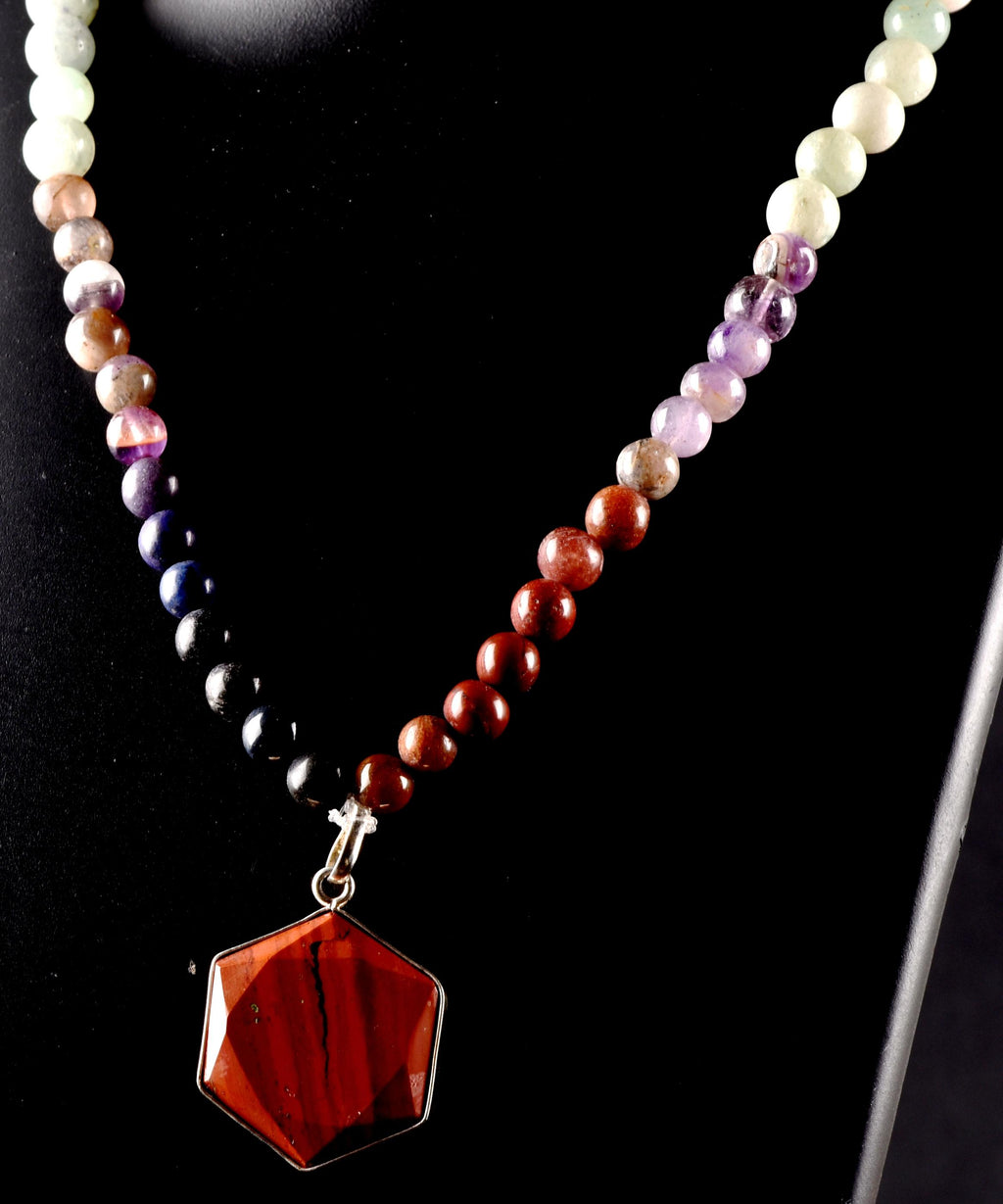 Satyaloka  Amethyst Golden Healer green aventurian  Necklace, Jasper Hexagonal  Pendant 8296