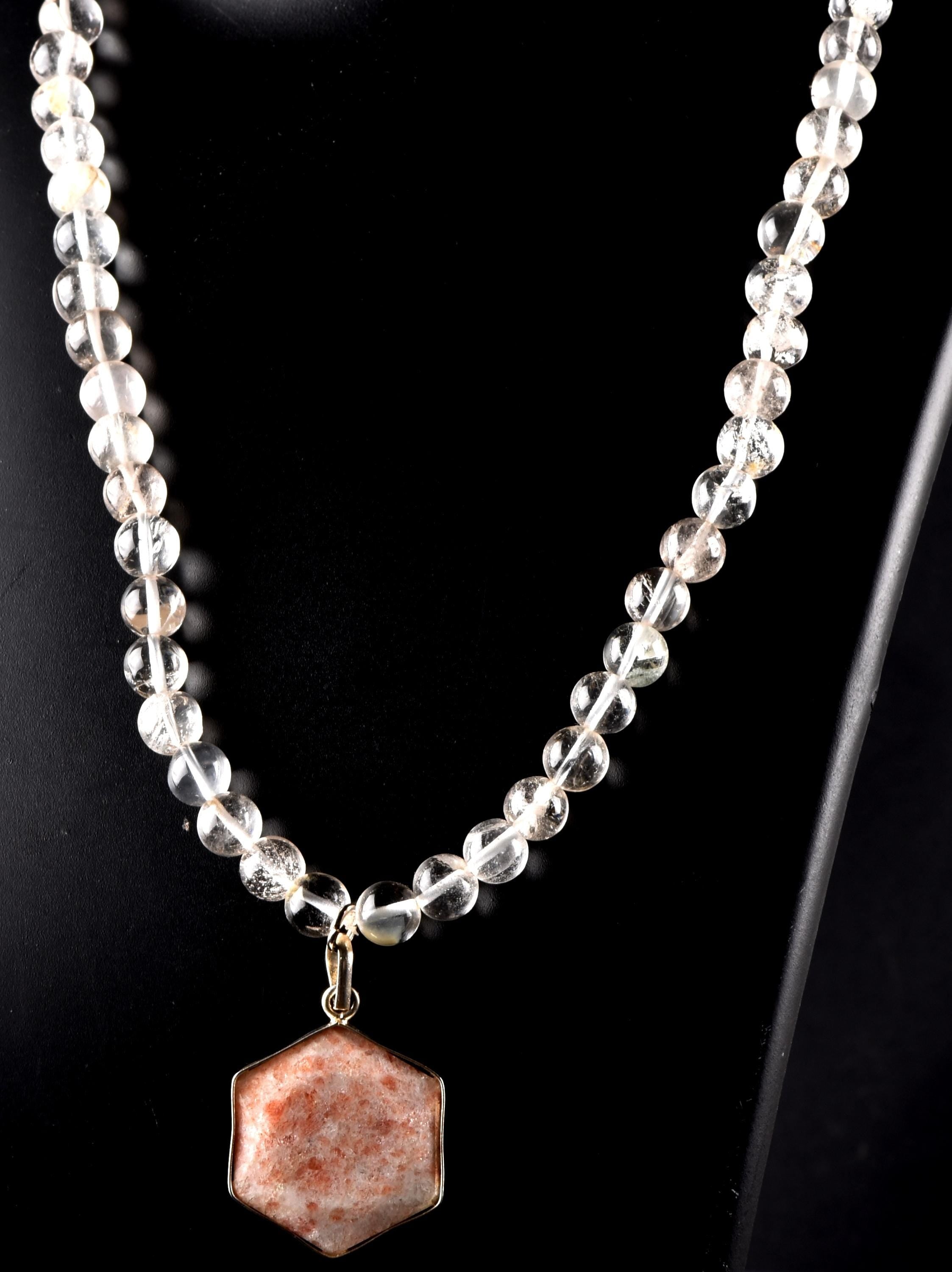 Satyaloka Quartz Necklace with sun stone hexagonal Pendant 8297