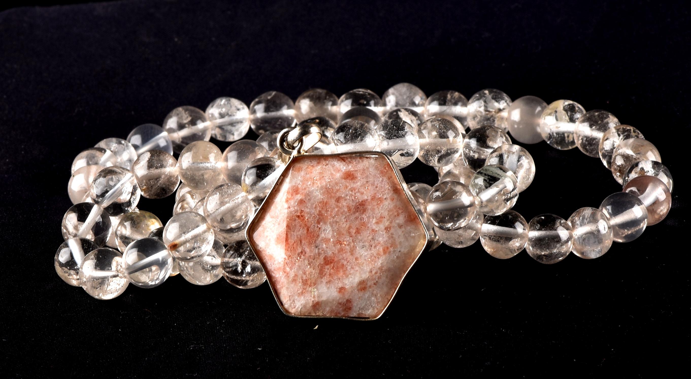 Satyaloka Quartz Necklace with sun stone hexagonal Pendant 8297