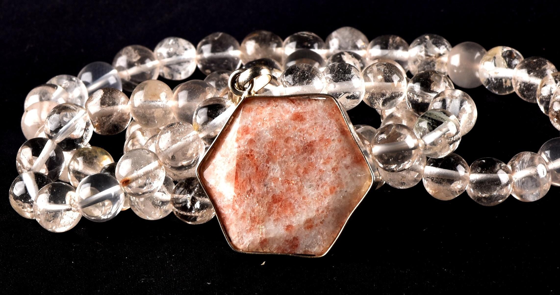 Satyaloka Quartz Necklace with sun stone hexagonal Pendant 8297