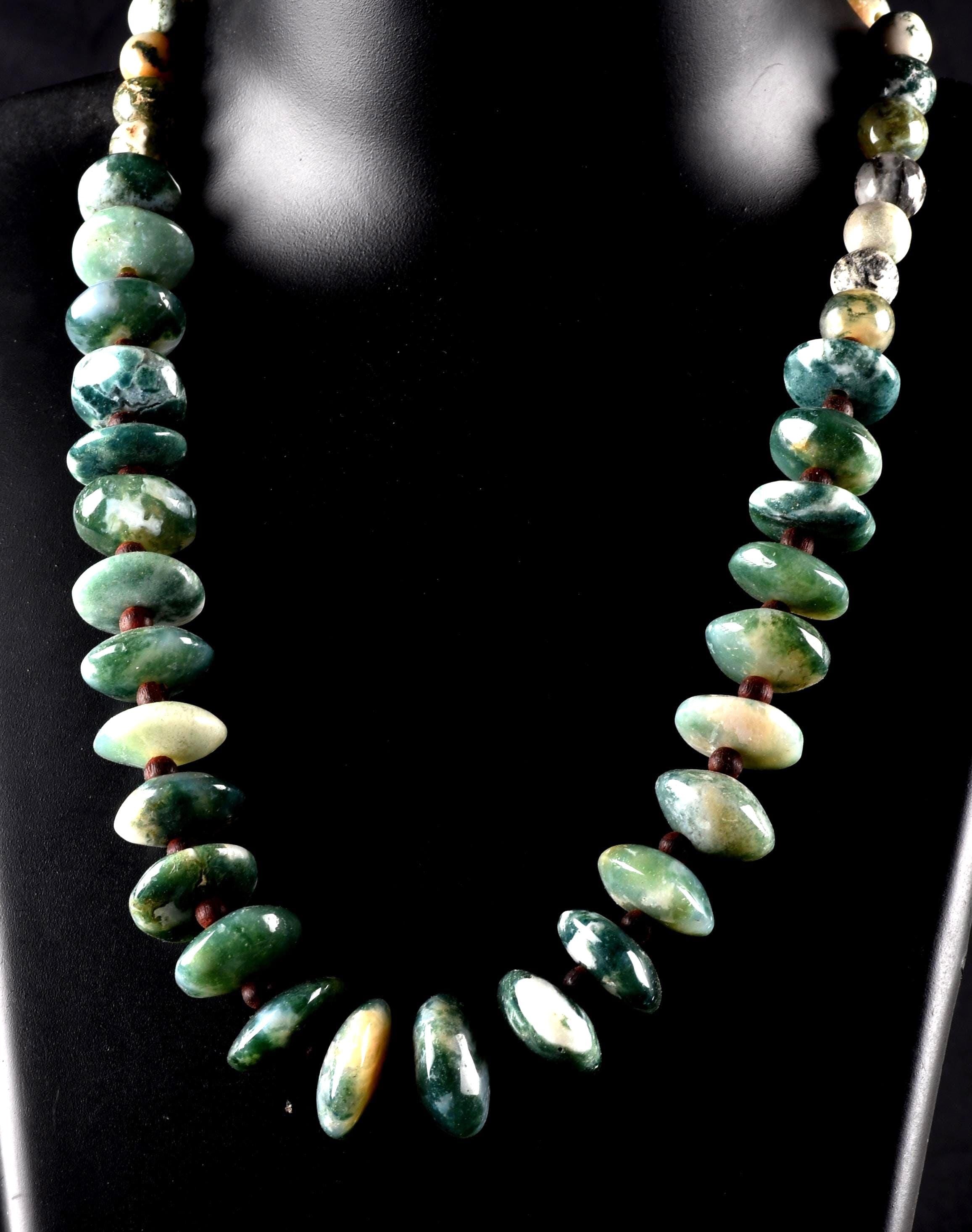 Moss Agate abundance in wealth  communication  new idea self esteem  hand polished  vintage bead necklace 8298