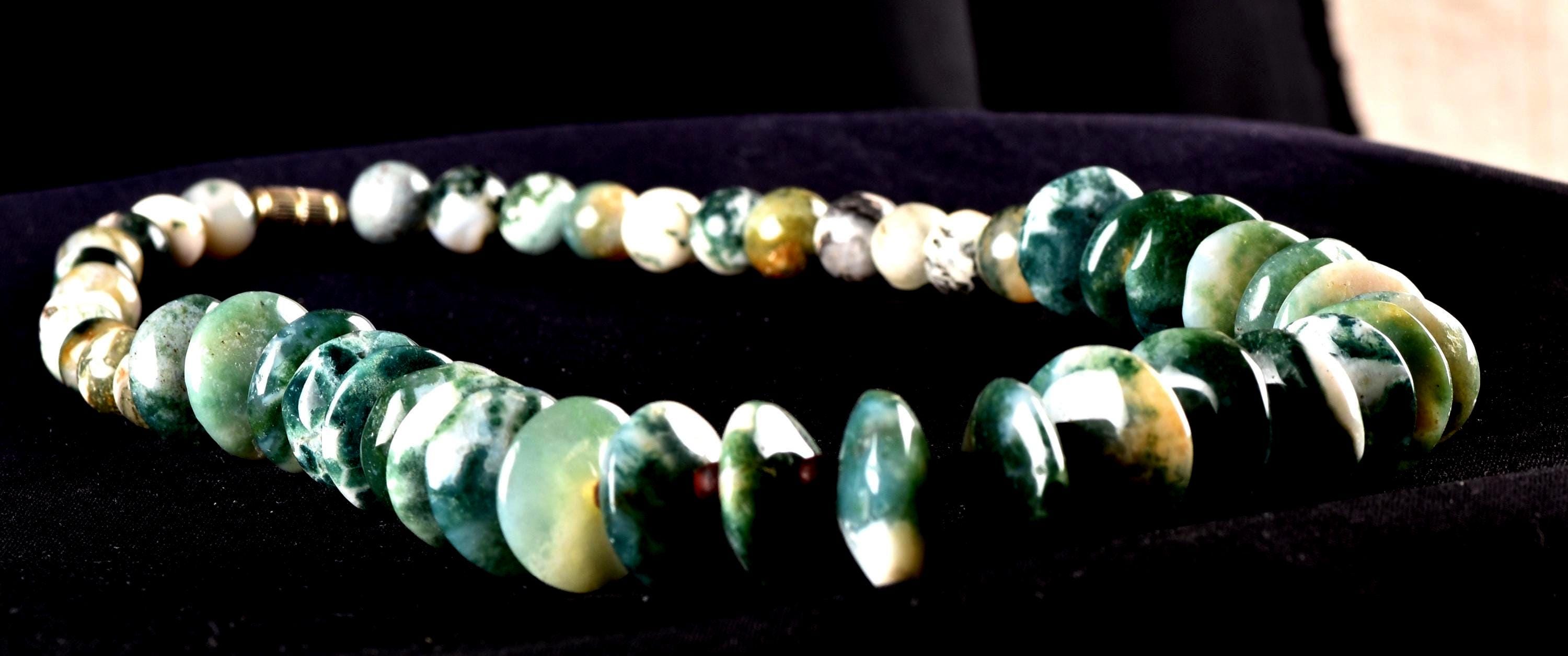 Moss Agate abundance in wealth  communication  new idea self esteem  hand polished  vintage bead necklace 8298